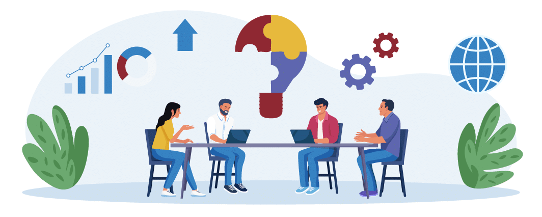 Illustration of marketers sitting at a table discussing marketing ideas for a manufacturing company