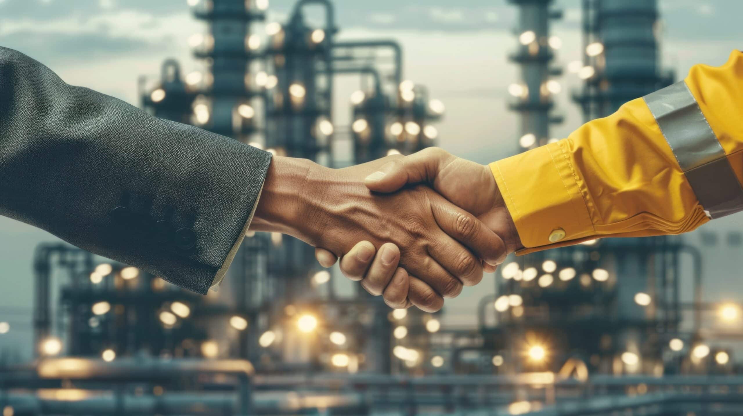 Businessman and industrial worker shaking hands in a manufacturing setting